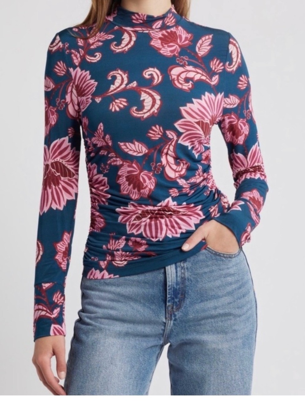 FARM Rio Navy Floral Pink Mock Neck Long Sleeve Ruched Top